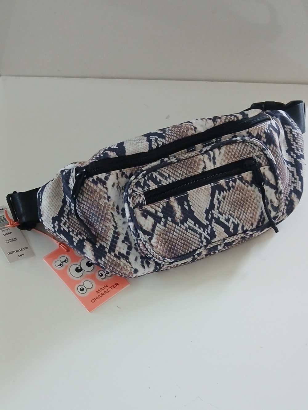 Snake-Print Waist Bag in Beige and Black NWT